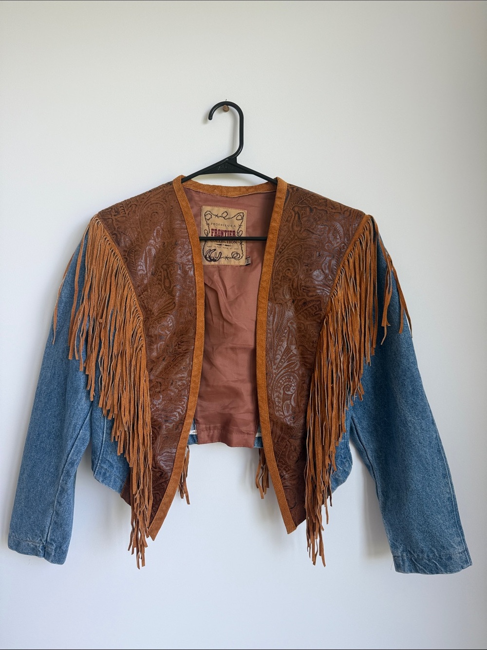 Vintage denim leather suede fringe jacket